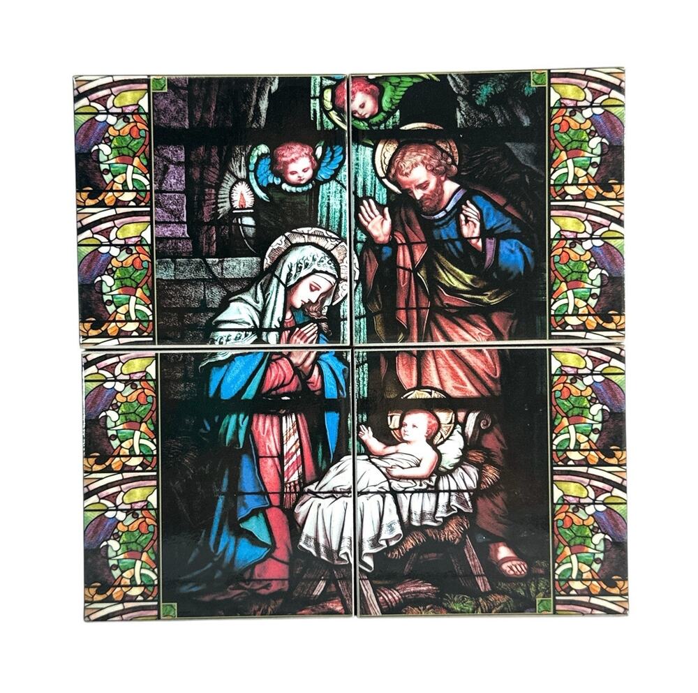 Vintage Nativity Holy Family Ceramic Tile Wall Plaque Stained Glass Style 7.5”